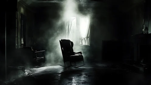 Rocking chair in dim interior with backlit window and haze.