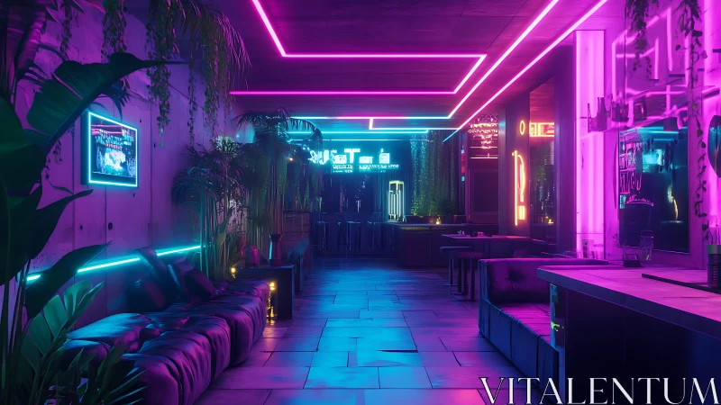 Neon lounge corridor with tropical greenery and glossy seating.