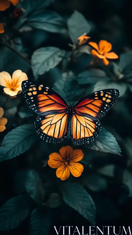 Monarch butterfly rests on orange flower among dark foliage
