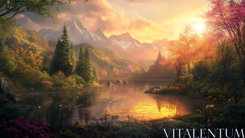 Sunlit alpine lake under glowing autumn forest canopy.