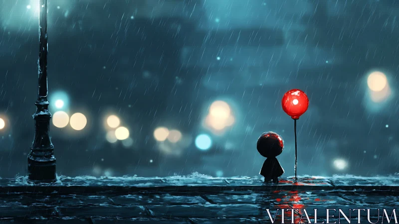 Child with red balloon on wet city street at night in rain.
