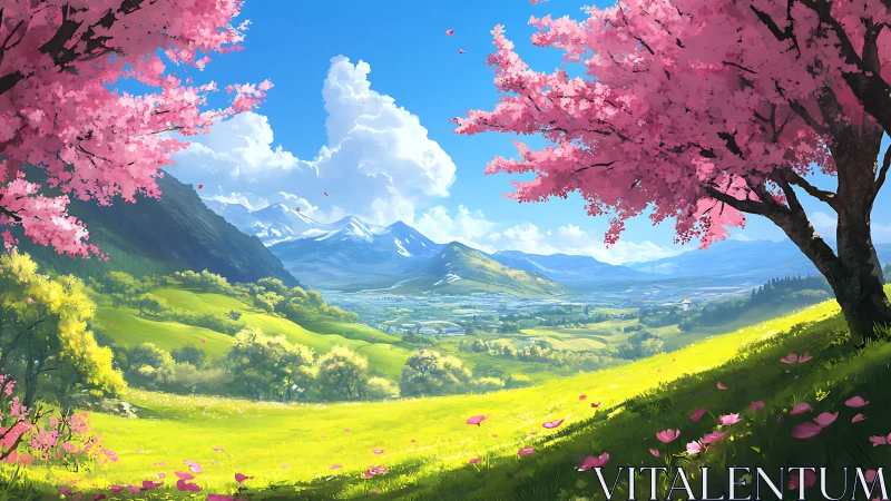 Sunlit valley under blooming pink springtime trees.