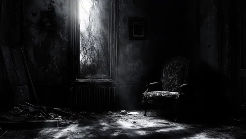 Abandoned decayed room with ornate chair and window.