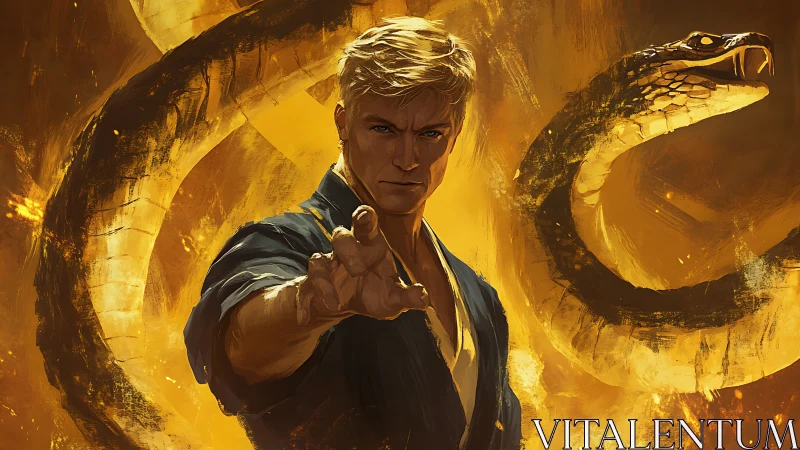 Martial artist commanding coiled serpent amid kinetic flames.