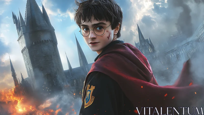 Young robed figure stands before burning gothic fortress