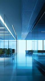 Modern Glass Office Interior with Blue Architectural Design.
