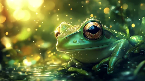 Macro-rendered frog with specular highlights and bokeh illumination