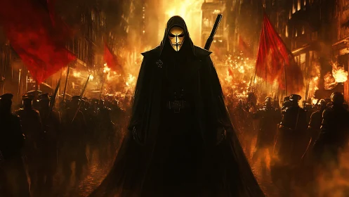 Masked vigilante leads uprising through burning city streets.