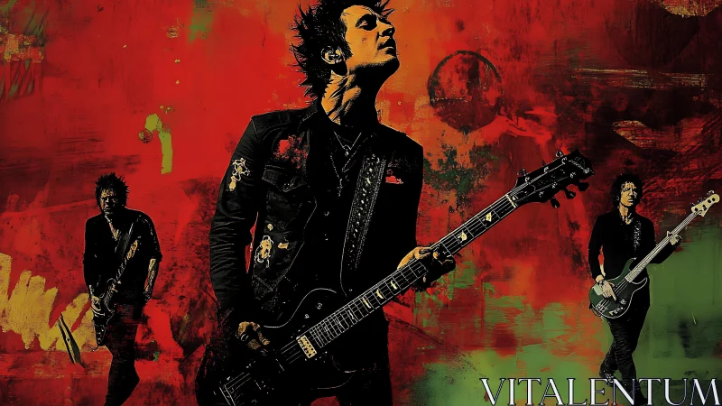 Electric rock guitarist dominates grunge red abstract stage