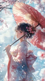 Blossom-kissed girl under a rosy parasol of drifting petals.