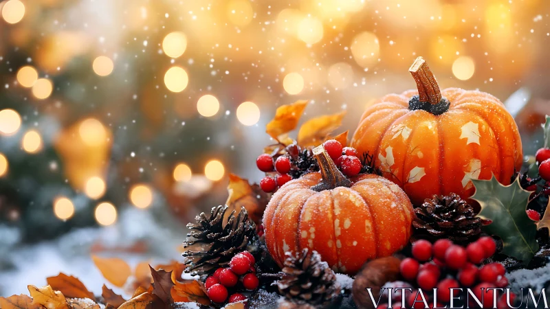 Frost-kissed pumpkins bask in golden holiday bokeh glow.
