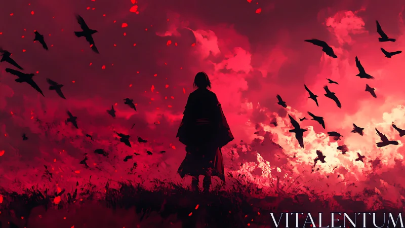 Lone warrior stands beneath crimson sky and circling crows.