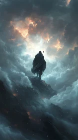 Cloaked warrior ascends storm-lit ridge through turbulent clouds