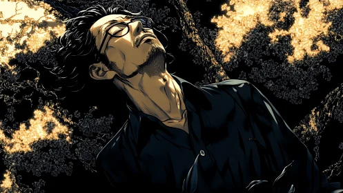 Stylized man under glowing canopy in dramatic light.