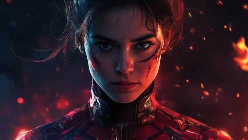 Battle-scarred cybernetic warrior rendered in high-detail bokeh fire