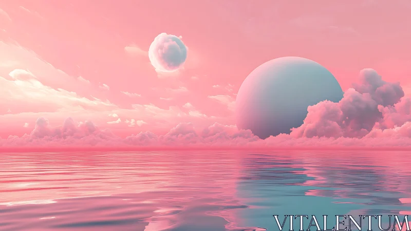 Surreal pink ocean horizon with floating spheres at sunset.