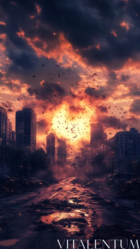 Ruined city street under burning storm clouds at dusk.