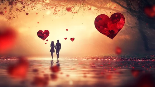 Couple Walking Through Glowing Hearts in Dreamscape