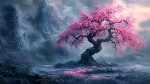 Ethereal cherry tree glowing in misty blue mountainscape.