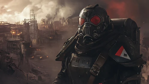 Armored wanderer stands vigilant in a burning wasteland