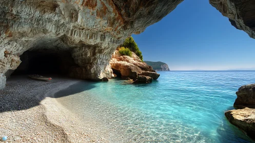 Sea grotto and kayak framed by stratified coastal cliff light