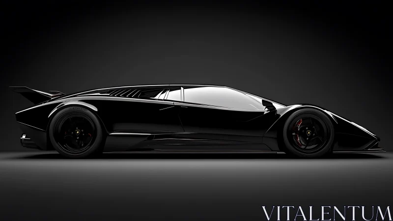 Sleek black supercar profile glows against dark studio backdrop.