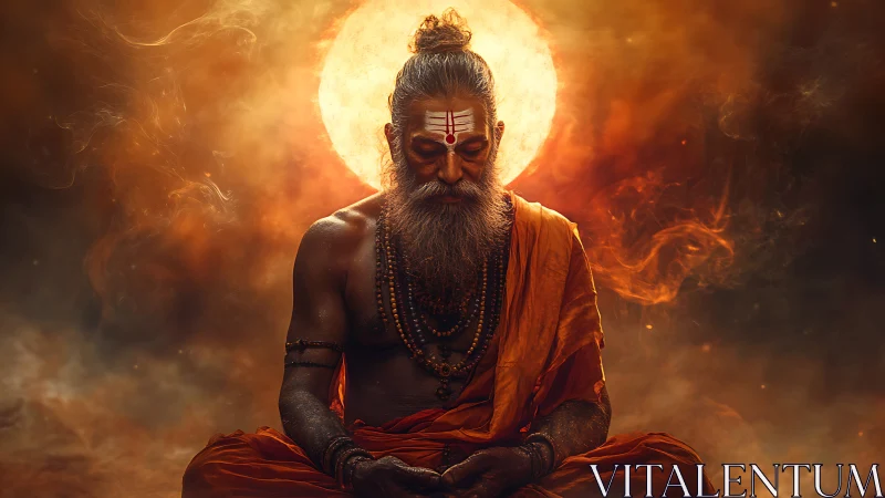 Ascetic yogi silhouetted against solar halo in fiery haze