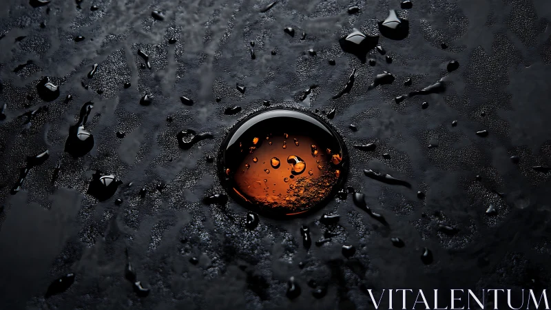 Gleaming amber droplet glows against dark textured surface