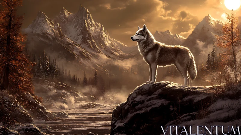 Noble wolf gazes over misty autumn mountains at sunrise