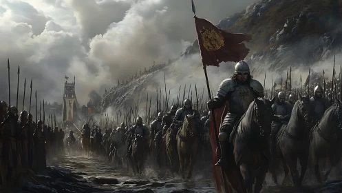 Armored cavalry advance through mist toward besieged citadel.