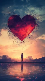 Silhouetted Figure Standing Before Luminous Heart Form