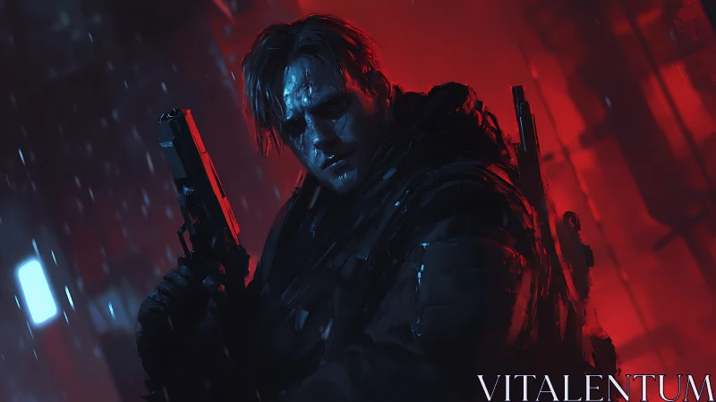 Hardened gunman in rainlit cyberpunk alley at night.