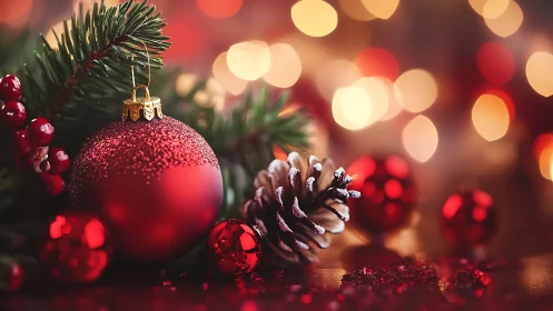 Cozy red baubles and pinecone glow in soft holiday lights.