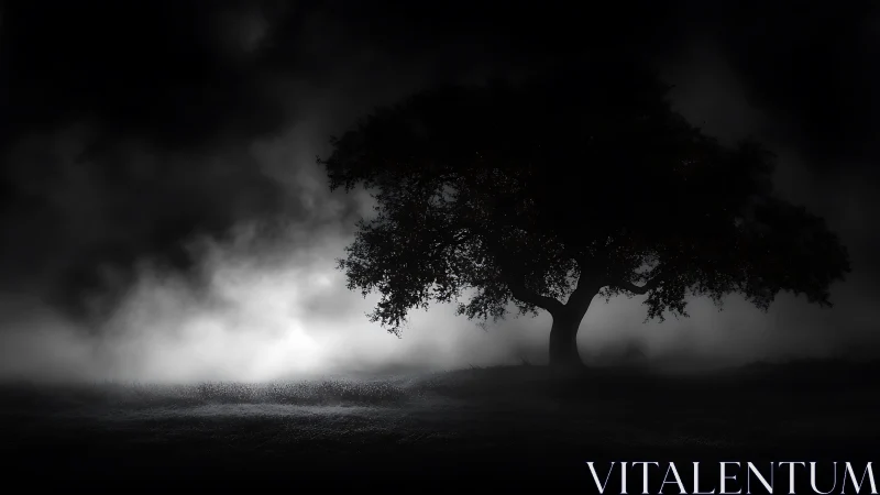 Solitary tree stands against backlit ground fog at night