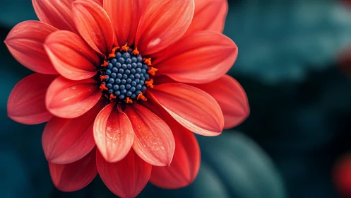 Red Dahlia Bloom. Bold Petals Frame Deep Blue Stamen Center.