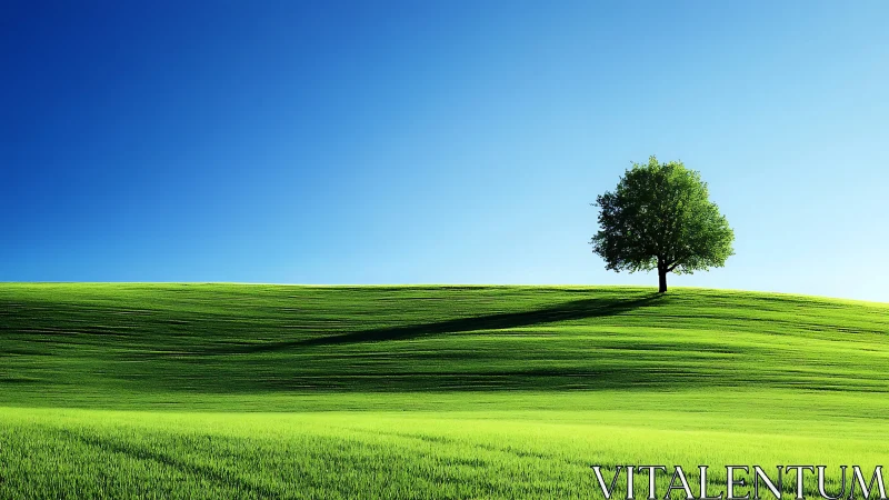 Solitary deciduous tree on sunlit green hill under clear sky