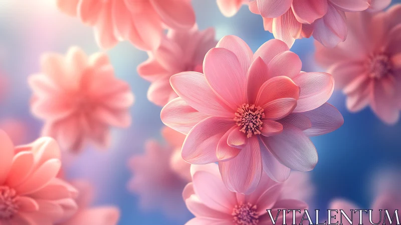 Pink Dahlias Blooming Against Blue Sky.