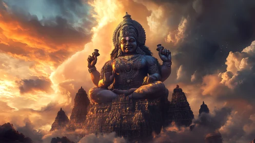 Colossal celestial deity statue crowns stormlit temple skyline.