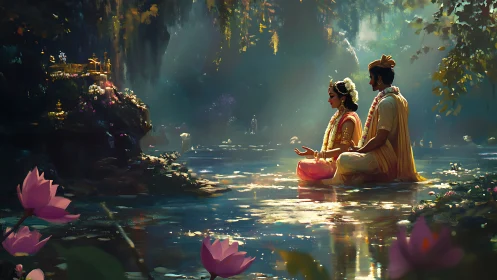 Lotus-lit lovers meditate in a mystic jungle sanctuary.