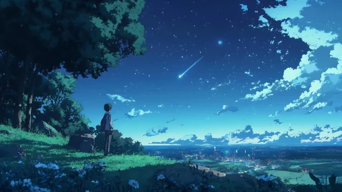 Stargazing hillside dreamer under a comet-kissed twilight sky.