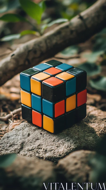 Color puzzle cube on stone in shallow depth outdoor study.