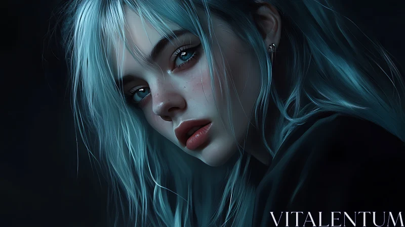 Moody teal haired portrait in cinematic low key lighting.
