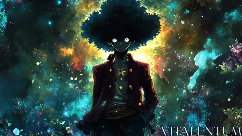 Afro silhouetted wanderer stands within radiant cosmic nebula