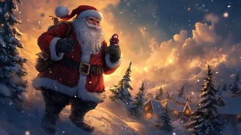 Digital painting Santa in luminous alpine winter landscape.