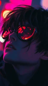 Neon-lit portrait captures a reflective gaze in cyberpunk glow