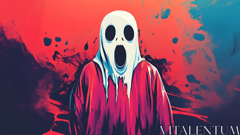 Spectral hooded figure on neon red cyan splatter gradient