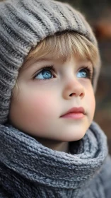 Sweet child with bright blue eyes enjoys a cozy winter moment