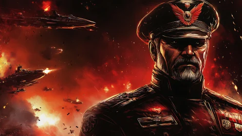 Galactic admiral stands resolute amid raging space war.