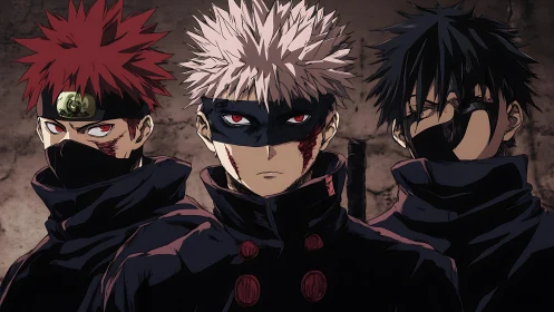 Triangular combat lineup of masked anime fighters in dark attire
