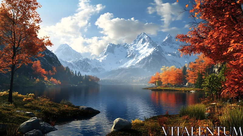 Snow-covered mountain range above calm autumn lake scene.
